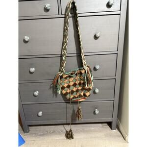 Authentic 100% Wayuu Mochila Colombian Bag Classic Brown Teal NEW